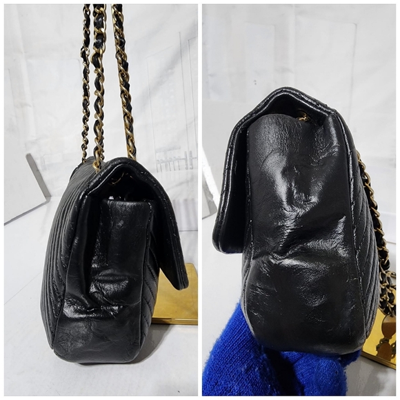 CHANEL Calfskin Chevron Quilted Medium Surpique Flap Shoulder Bag Black - Picture 8 of 16